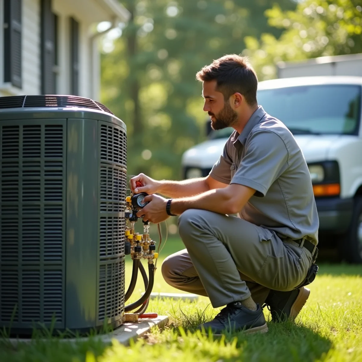 HVAC technician repairing an outdoor air conditioning condenser at a Pottstown, PA home