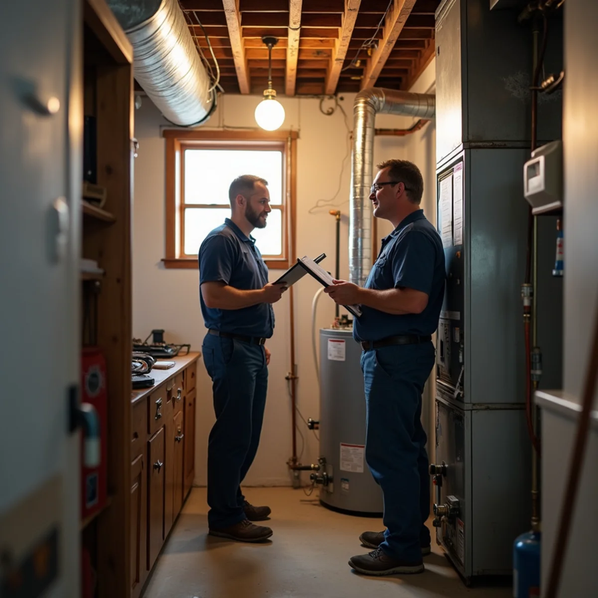 Landlord and HVAC technician inspecting a furnace in a Pottstown, PA rental property