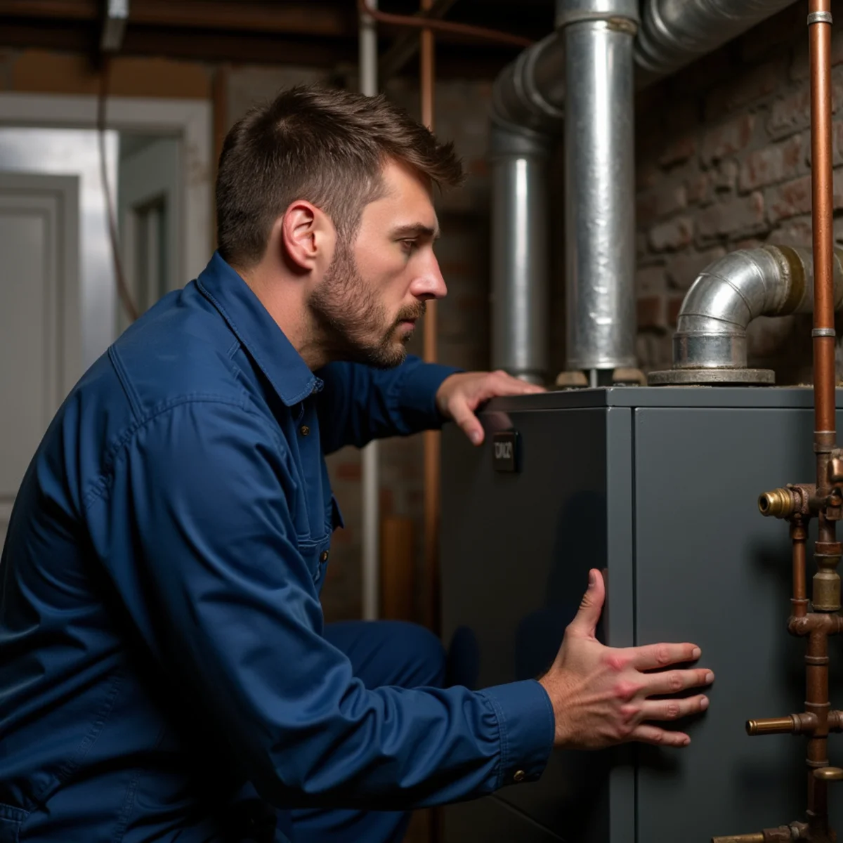 Technician listening to a noisy gas boiler in an older Pottstown, PA home