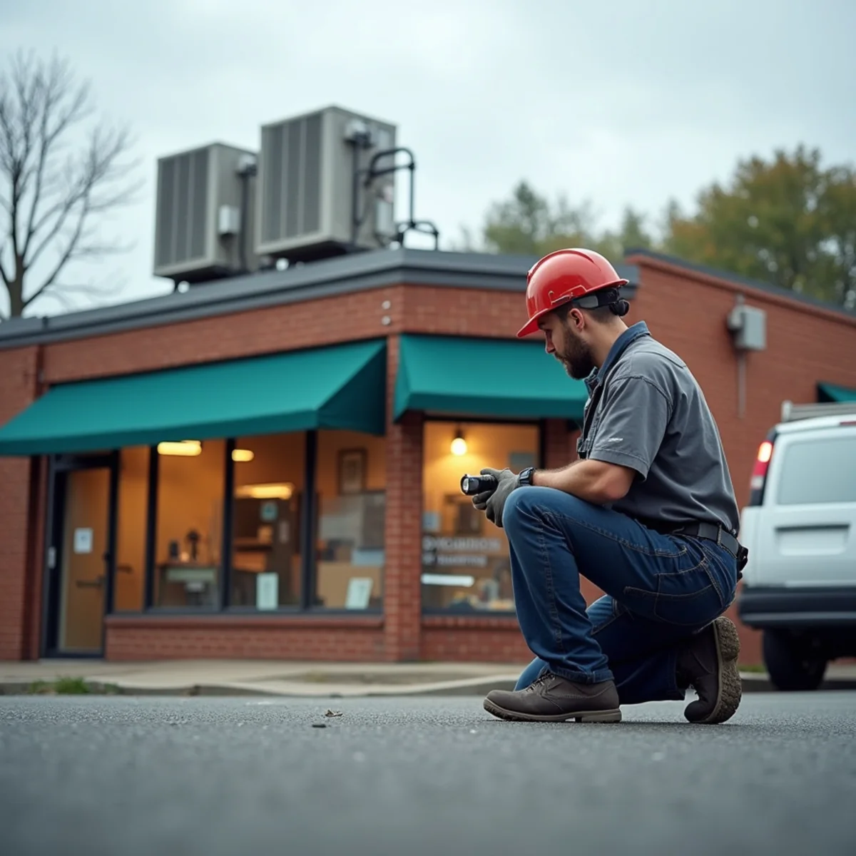 HVAC technician servicing a rooftop commercial unit on a Pottstown, PA small business