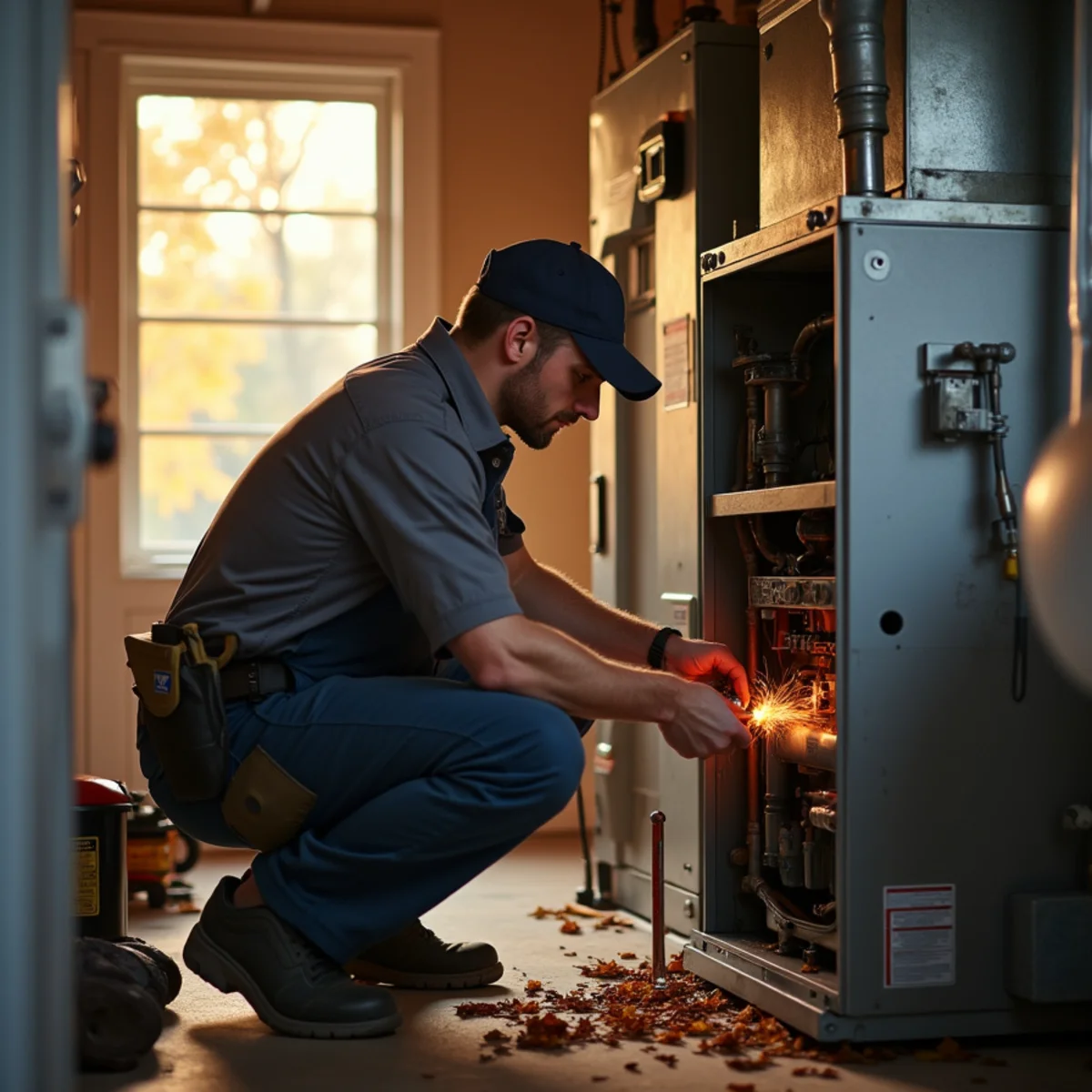 HVAC technician inspecting a gas furnace during a fall tune-up in a Pottstown, PA home