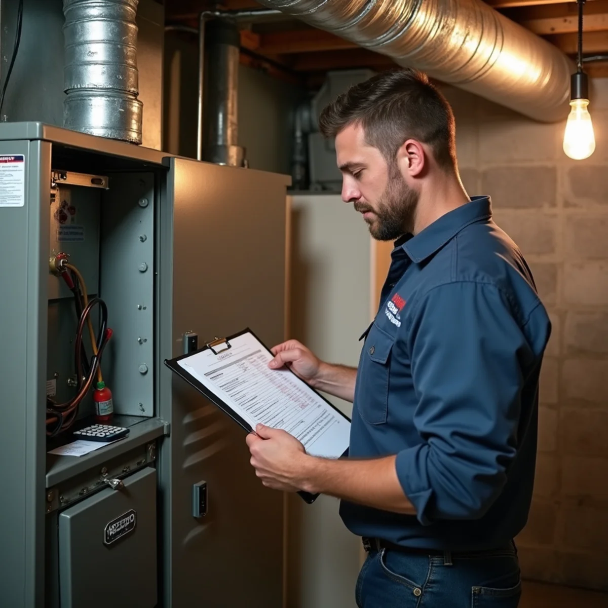 HVAC technician diagnosing a gas furnace control board in a Pottstown, PA basement