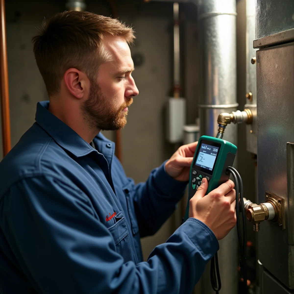 Technician checking a carbon monoxide detector near a gas furnace in an older Pottstown, PA home