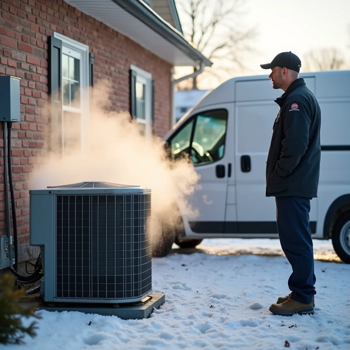 Heat pump running defrost mode with light steam on a frosty morning in Pottstown, PA