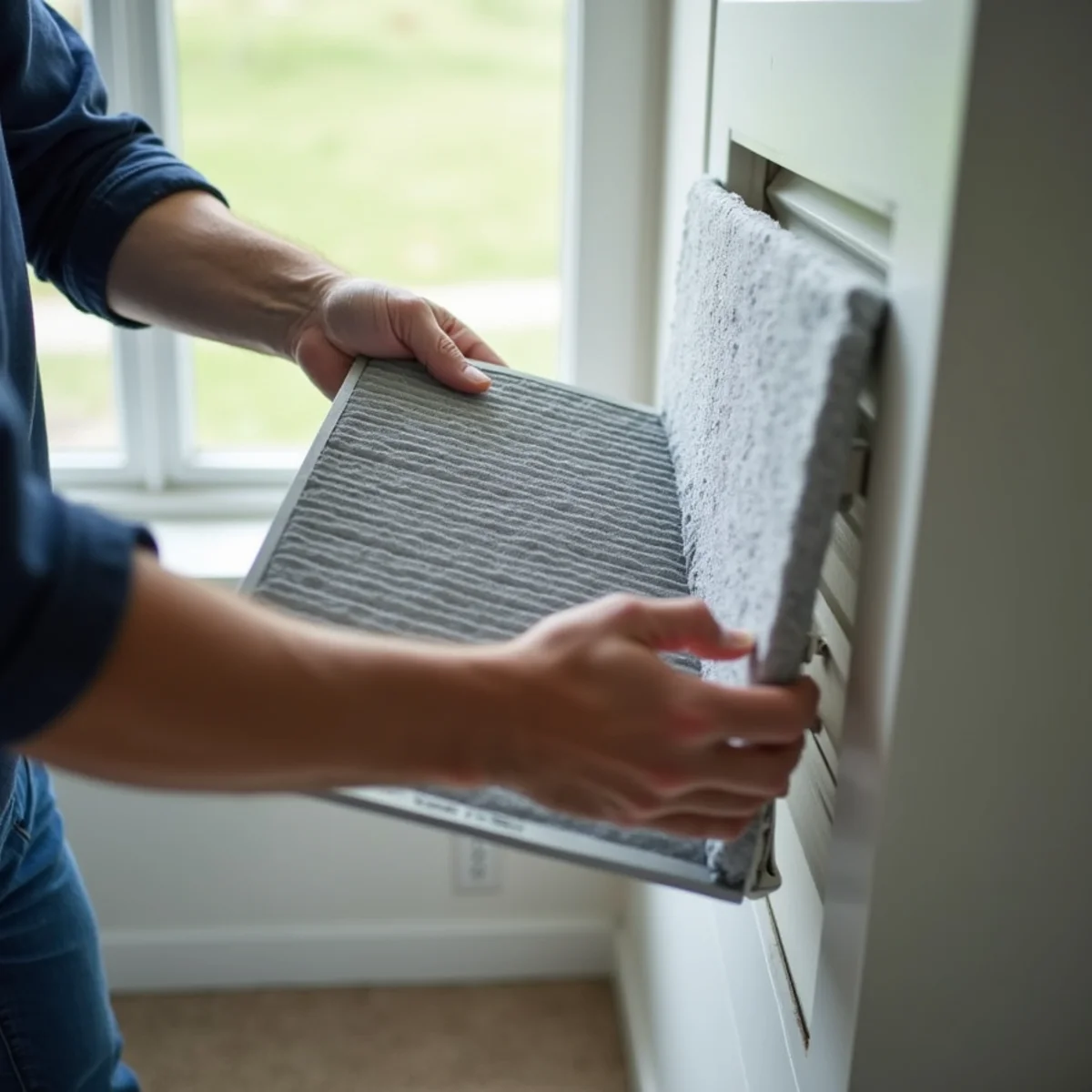 Homeowner sliding a clean pleated air filter into a furnace in a Pottstown, PA home