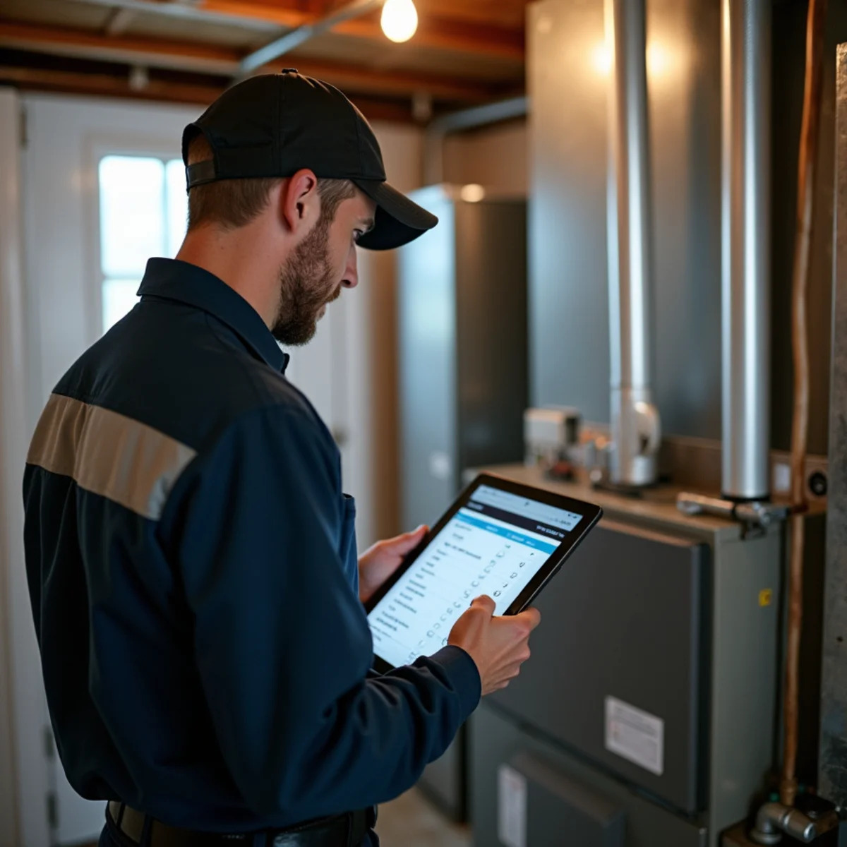 HVAC technician reviewing a maintenance plan checklist with a homeowner in a Pottstown, PA home