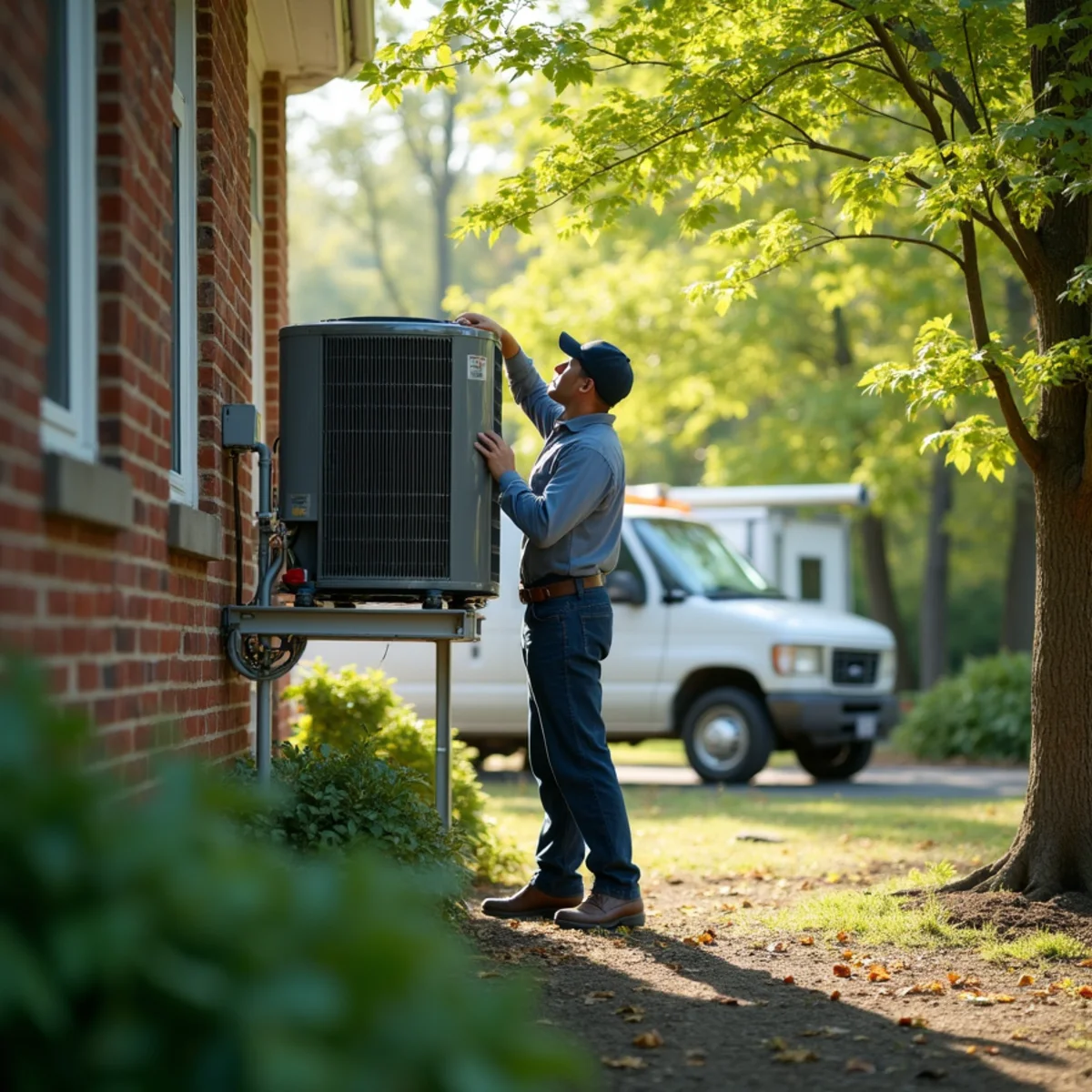 Outdoor air conditioning condenser raised on a platform near Manatawny Creek in Pottstown, PA West End