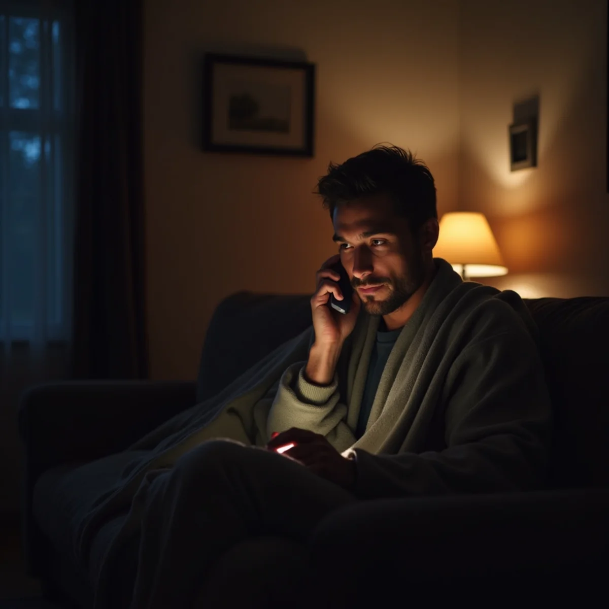 Dark bedroom at night with a homeowner checking a phone during a no-heat HVAC emergency in Pottstown, PA
