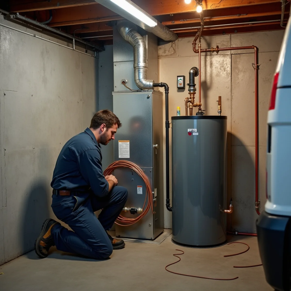 Technician installing a new natural gas furnace during an oil-to-gas conversion in Pottstown, PA