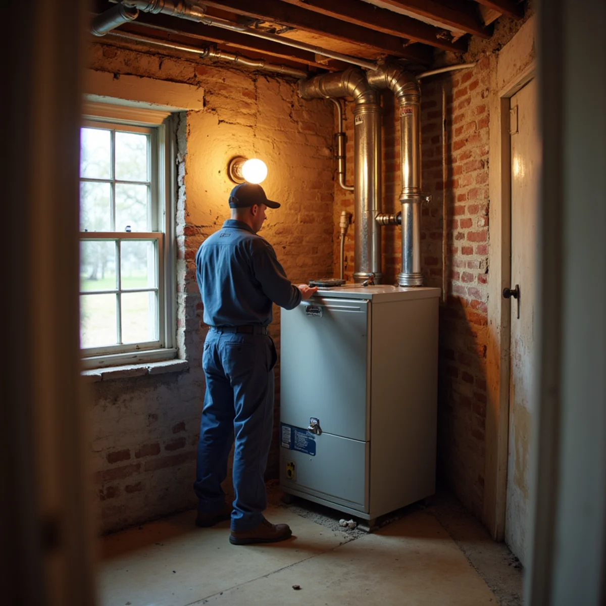 Cast-iron radiator and modern boiler in a historic brick twin home in Pottstown, PA