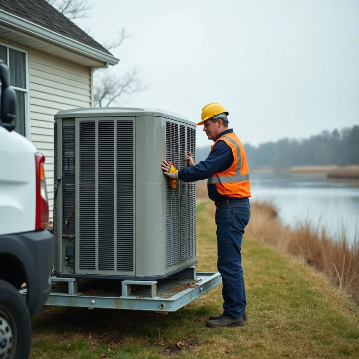 Outdoor condenser unit raised on a stand near the Schuylkill River in a Pottstown, PA floodplain neighborhood