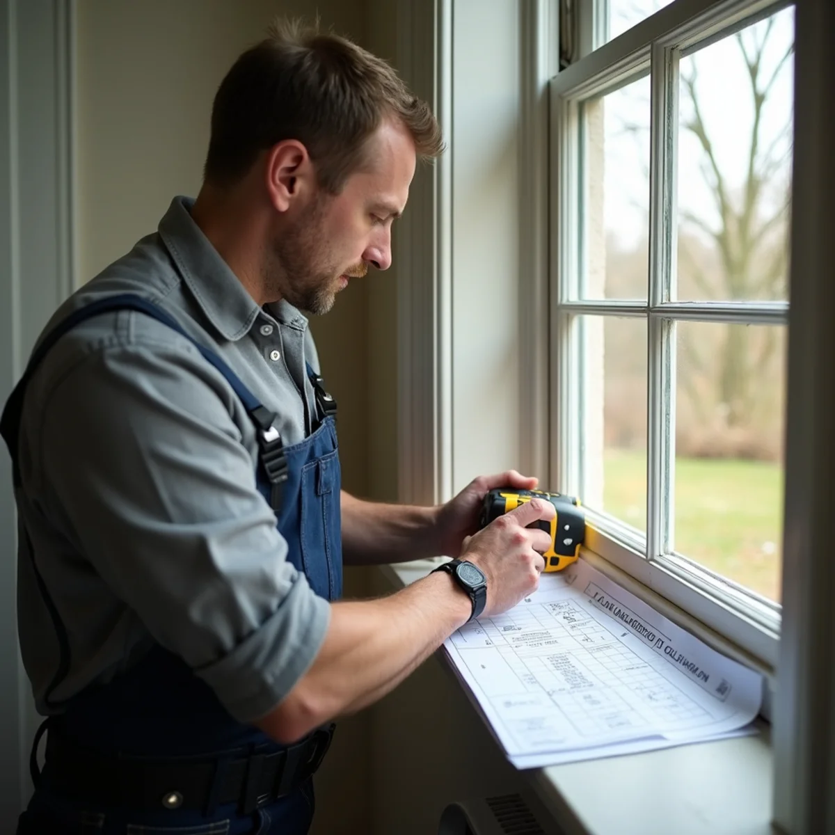 Technician performing a load calculation for HVAC sizing in an older Pottstown, PA home