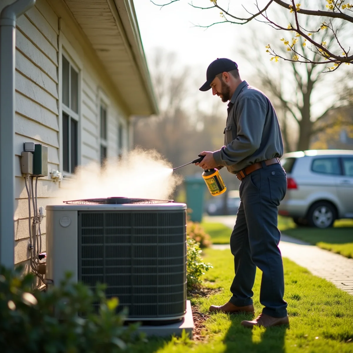 Technician measuring refrigerant pressure on an outdoor AC condenser during a spring tune-up in Pottstown, PA