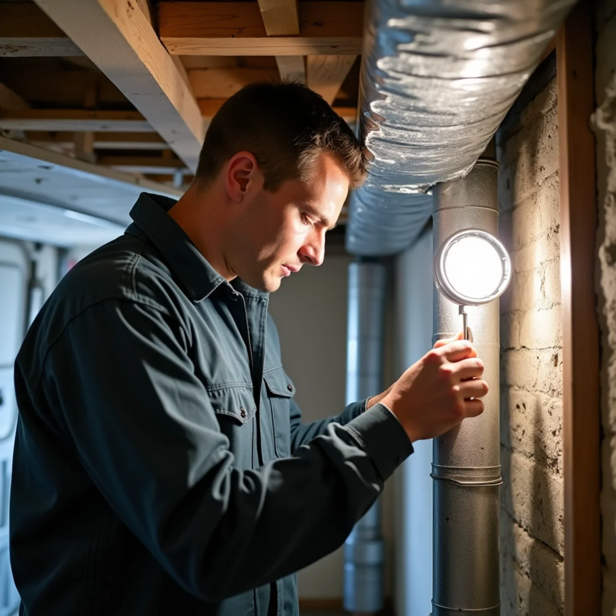 Technician inspecting ductwork for uneven heating in a Pottstown, PA rowhome