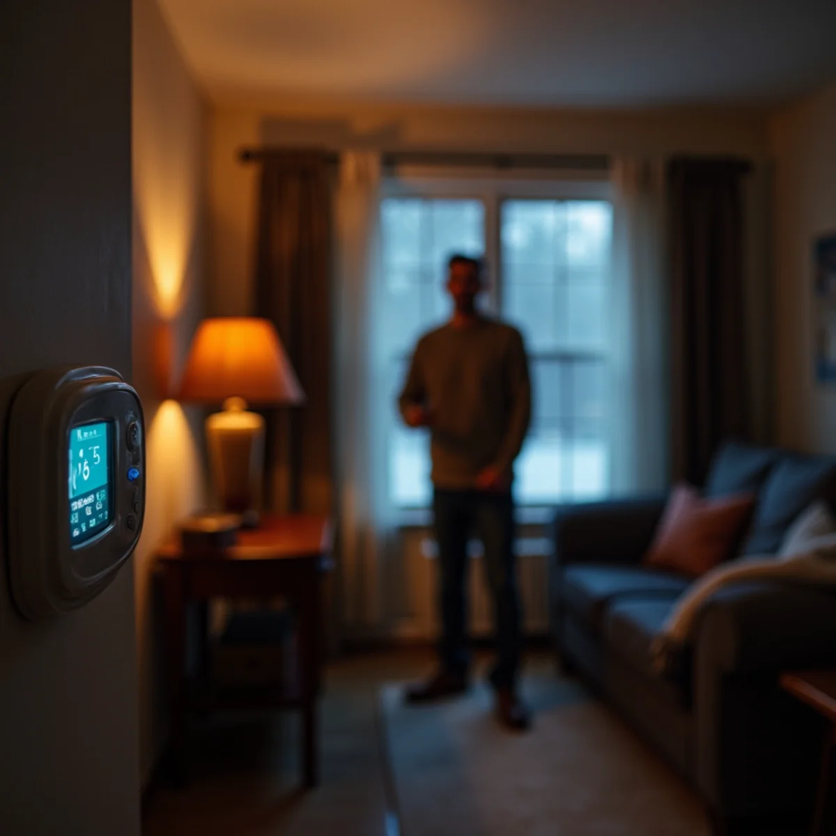 Homeowner reading a thermostat during a no-heat furnace emergency in a Pottstown, PA home