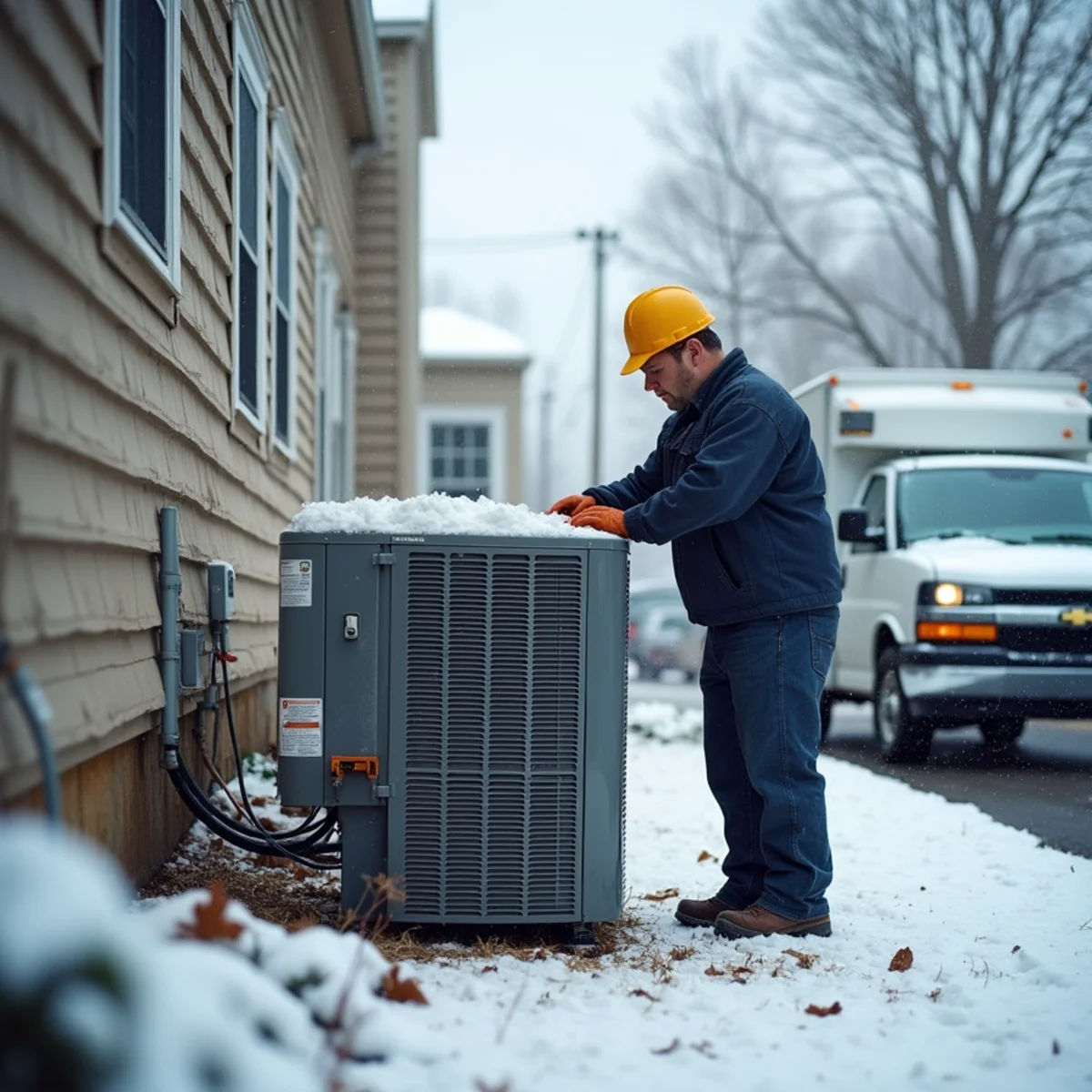 Modern cold-climate heat pump installed outside a home in Pottstown, PA during winter