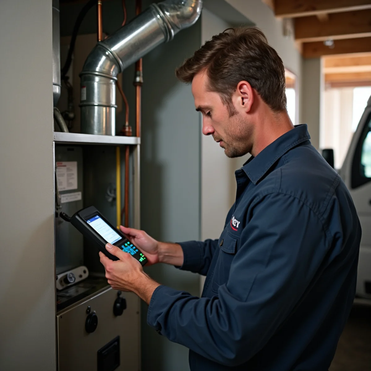 HVAC Pottstown PA technician performing a combustion safety and carbon monoxide inspection on a gas furnace in Pottstown, PA