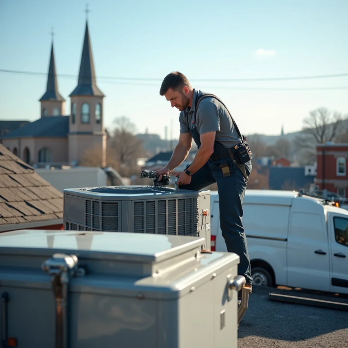 HVAC technician servicing a commercial rooftop unit on a Pottstown, PA storefront