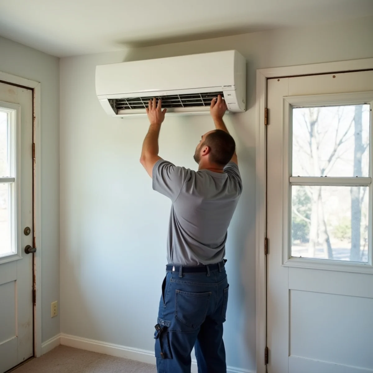 HVAC technician installing a ductless mini-split head on the wall of an older Pottstown, PA home