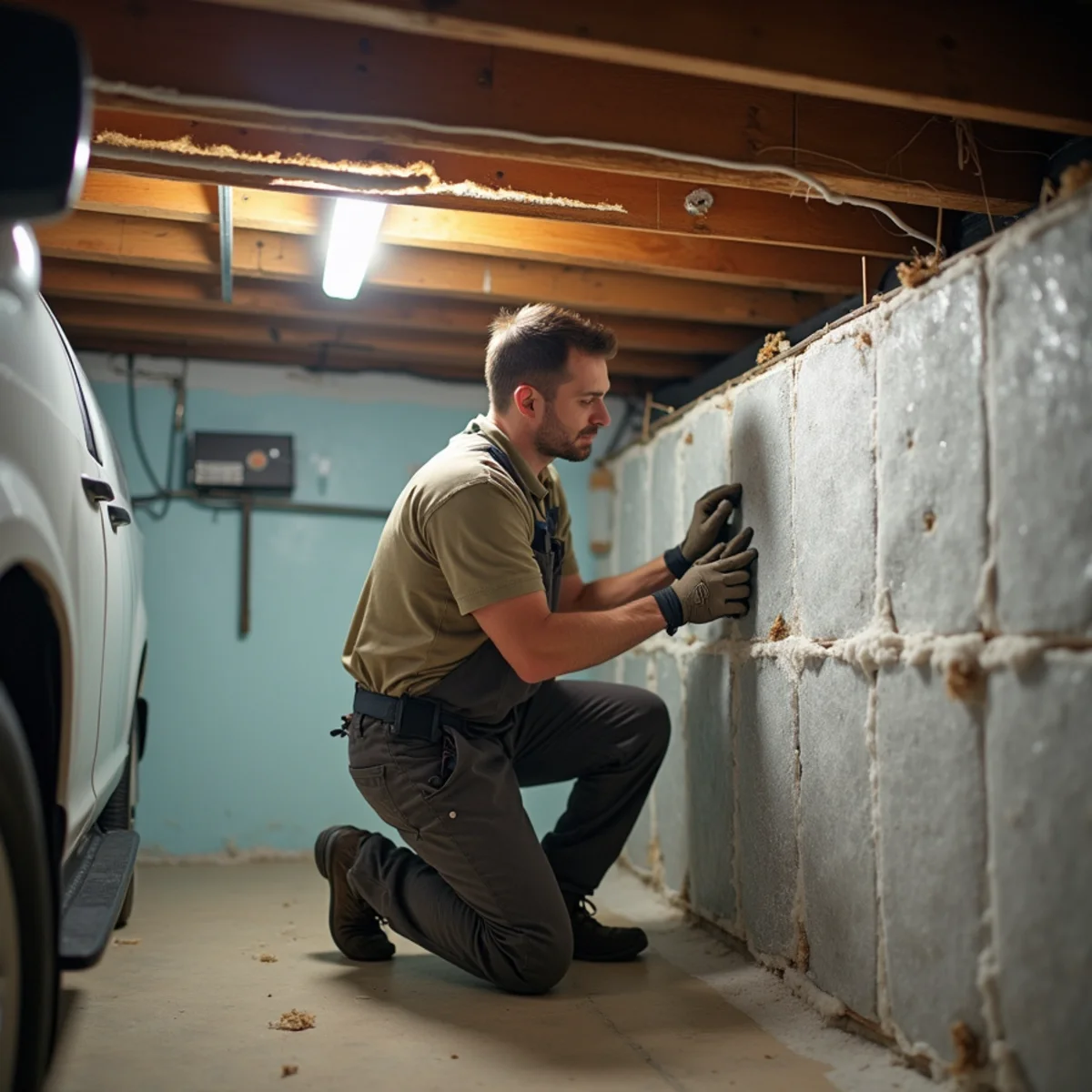 HVAC technician sealing and repairing ductwork in the basement of an older Pottstown, PA home