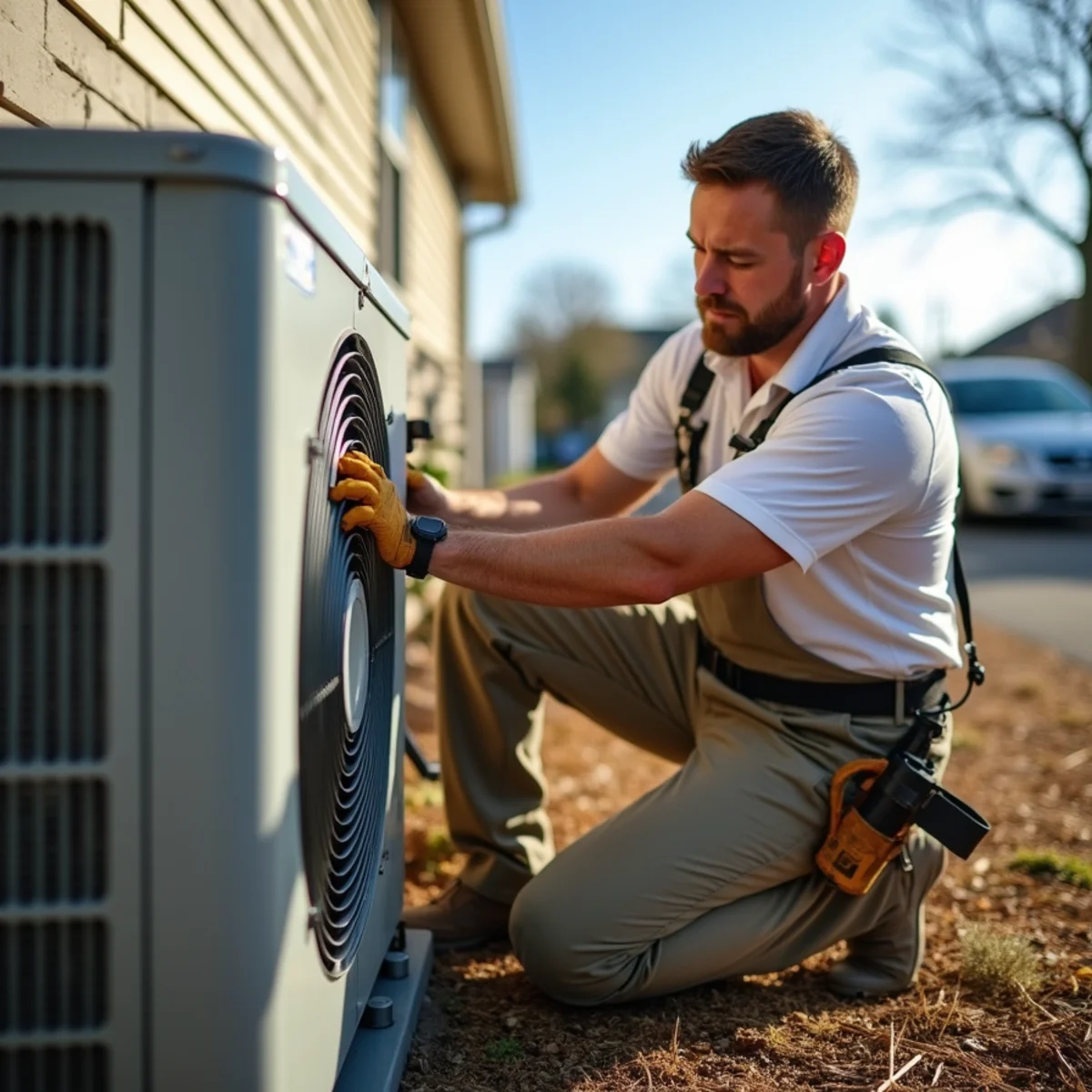 HVAC Pottstown PA technician repairing a central air conditioner during a summer heat wave in Pottstown, PA