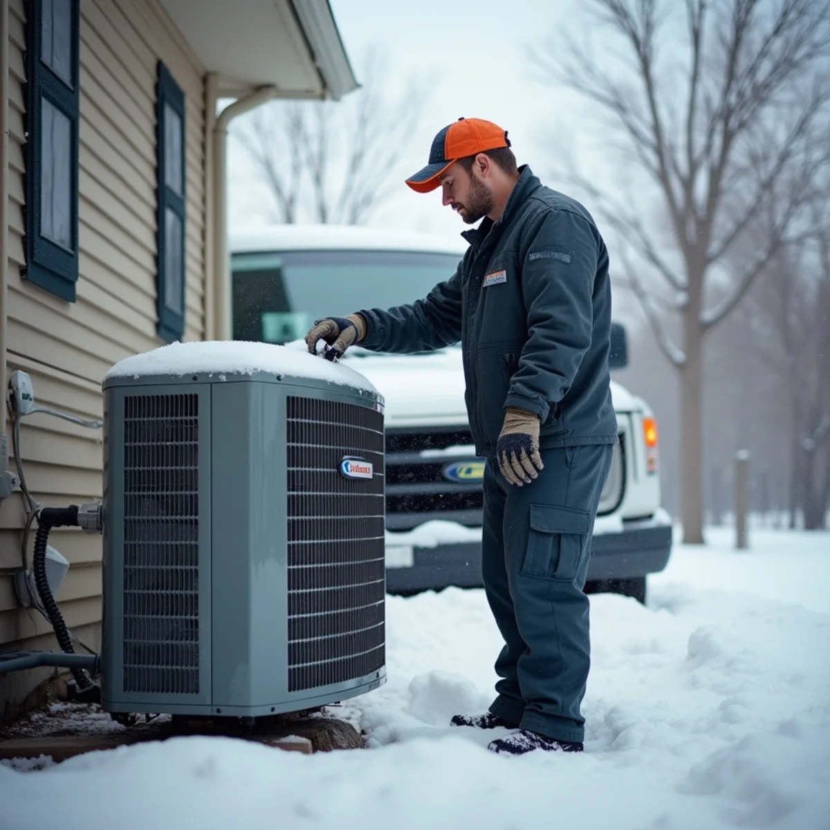 Cold-climate heat pump installed outside a Pottstown, PA home in winter