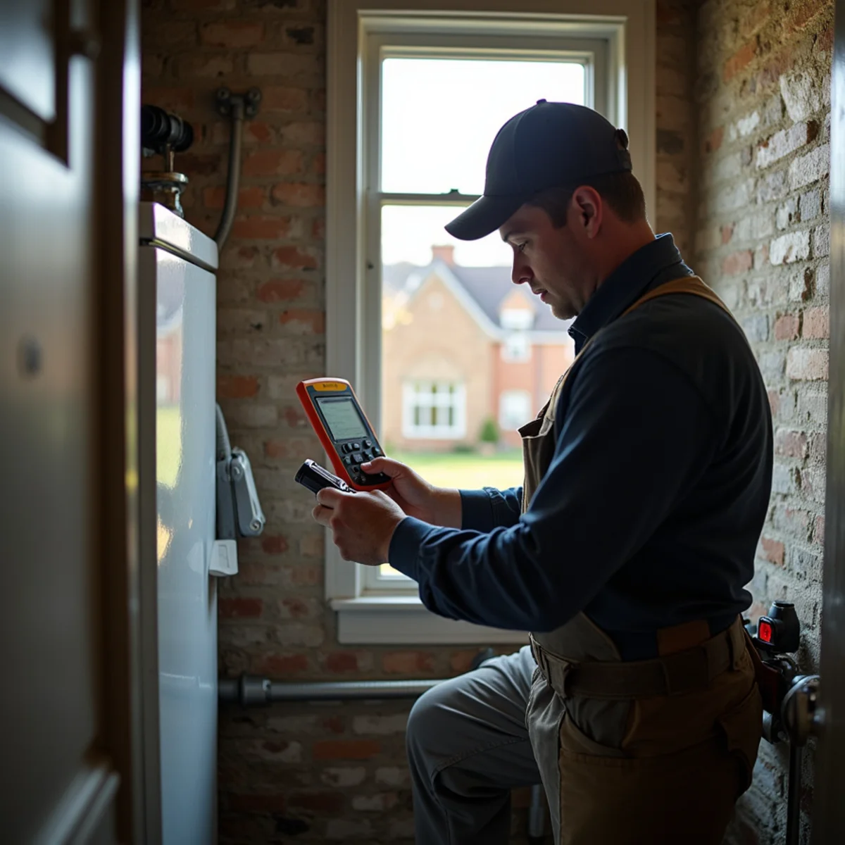 HVAC technician performing a high-efficiency boiler replacement in a large period home near The Hill School in Pottstown, PA