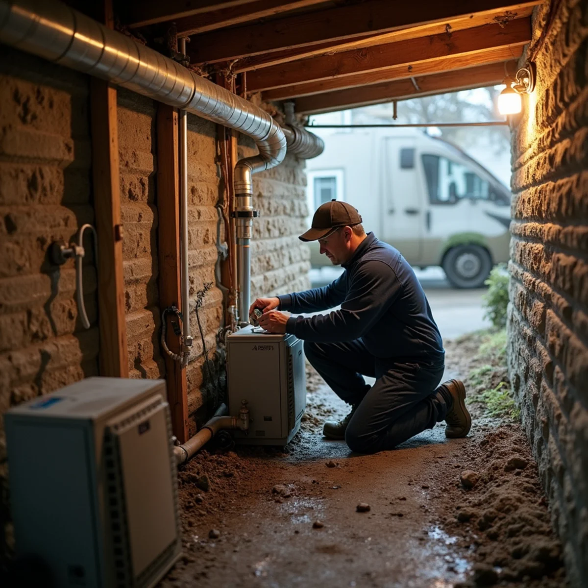 HVAC technician addressing basement humidity and a condensate drain in a creek-side home in Manatawny-Farmington, Pottstown, PA