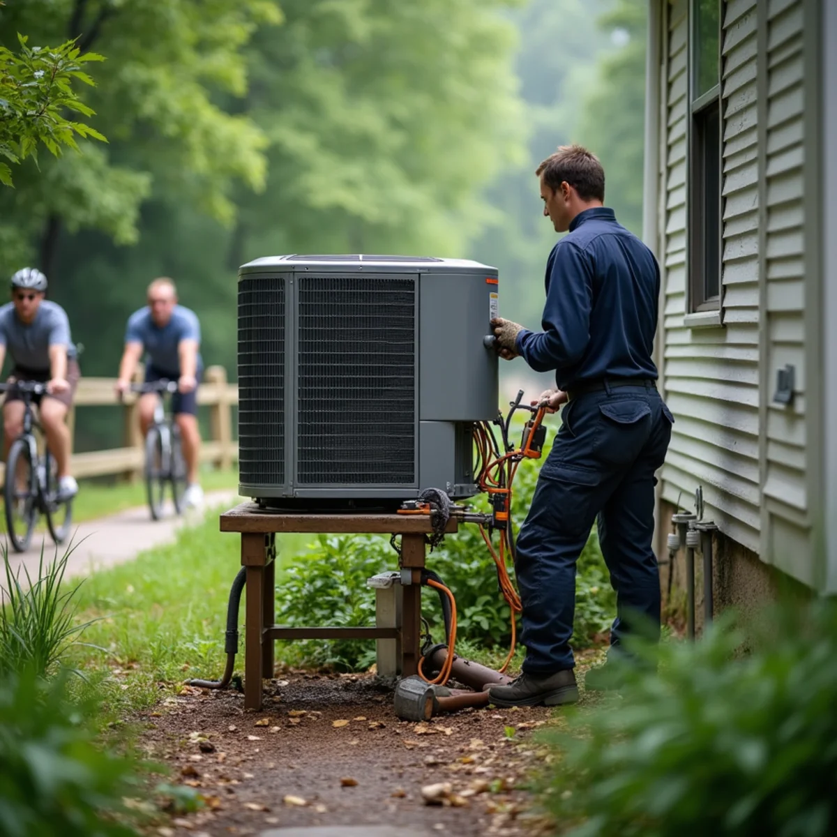HVAC technician installing an elevated furnace and condenser in a flood-prone home near Riverfront Park in Pottstown, PA