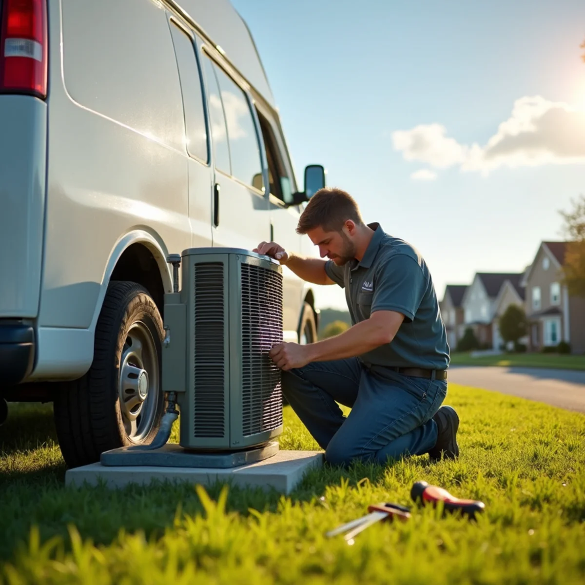 HVAC technician repairing a central air conditioner at a home in Amity Township, PA