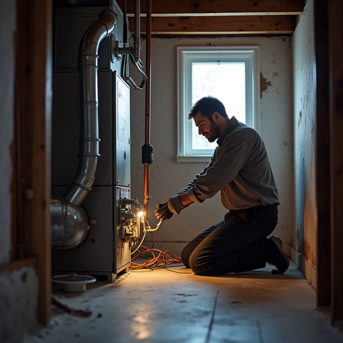 HVAC technician repairing an oil boiler at an older home in Bally, PA