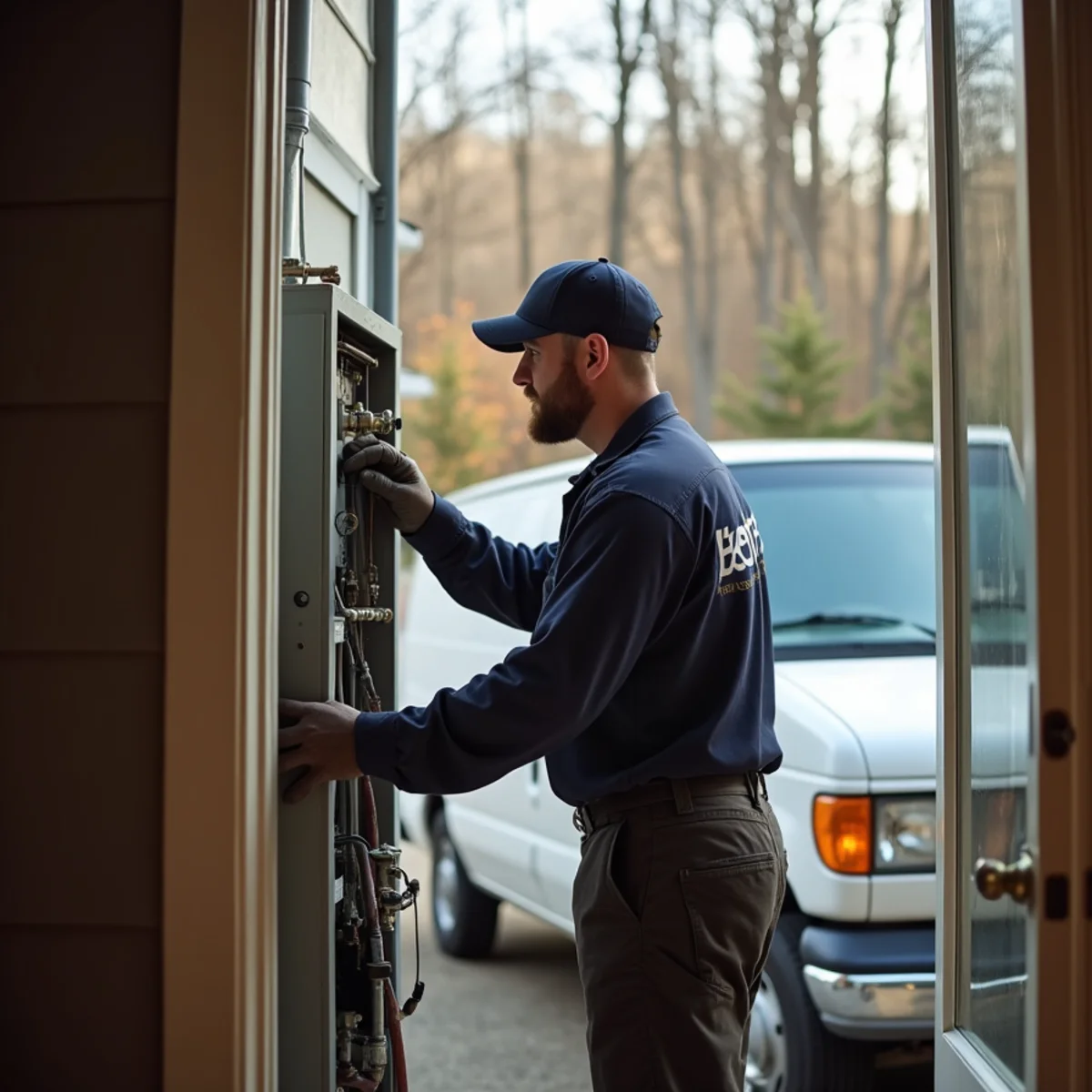 HVAC technician inspecting an older furnace in a Birdsboro, PA home