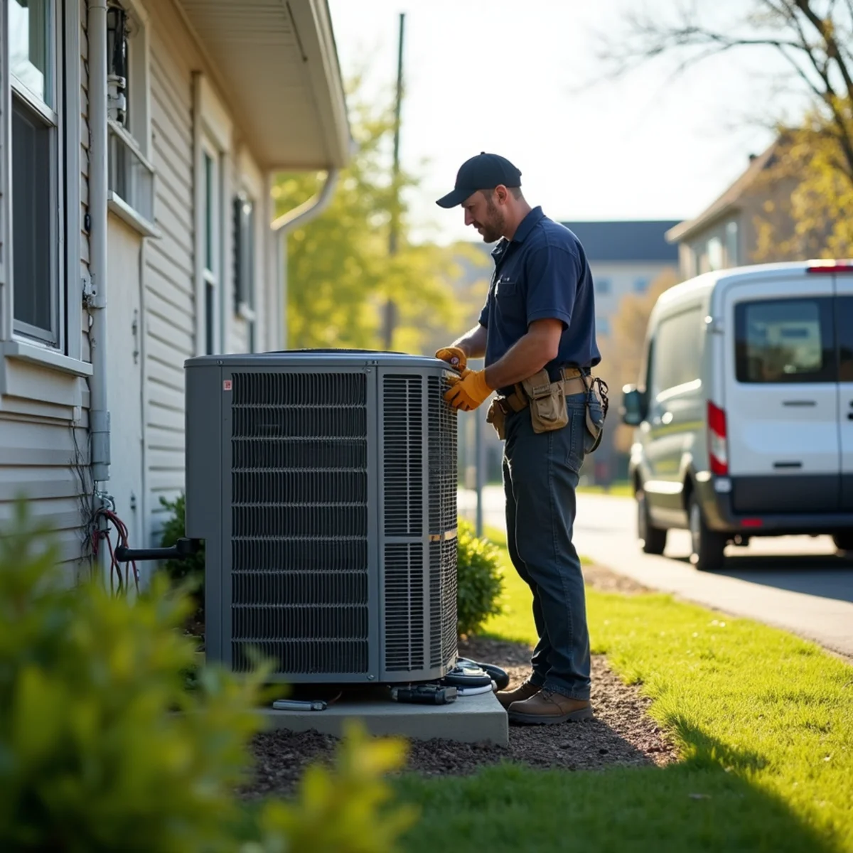 HVAC technician repairing a central air conditioner at a home in Collegeville, PA