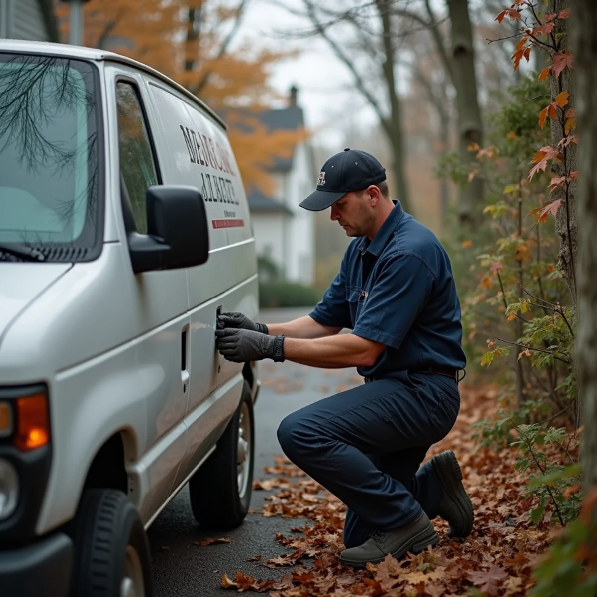 HVAC technician repairing a heat pump at a split-level home in Downingtown, PA