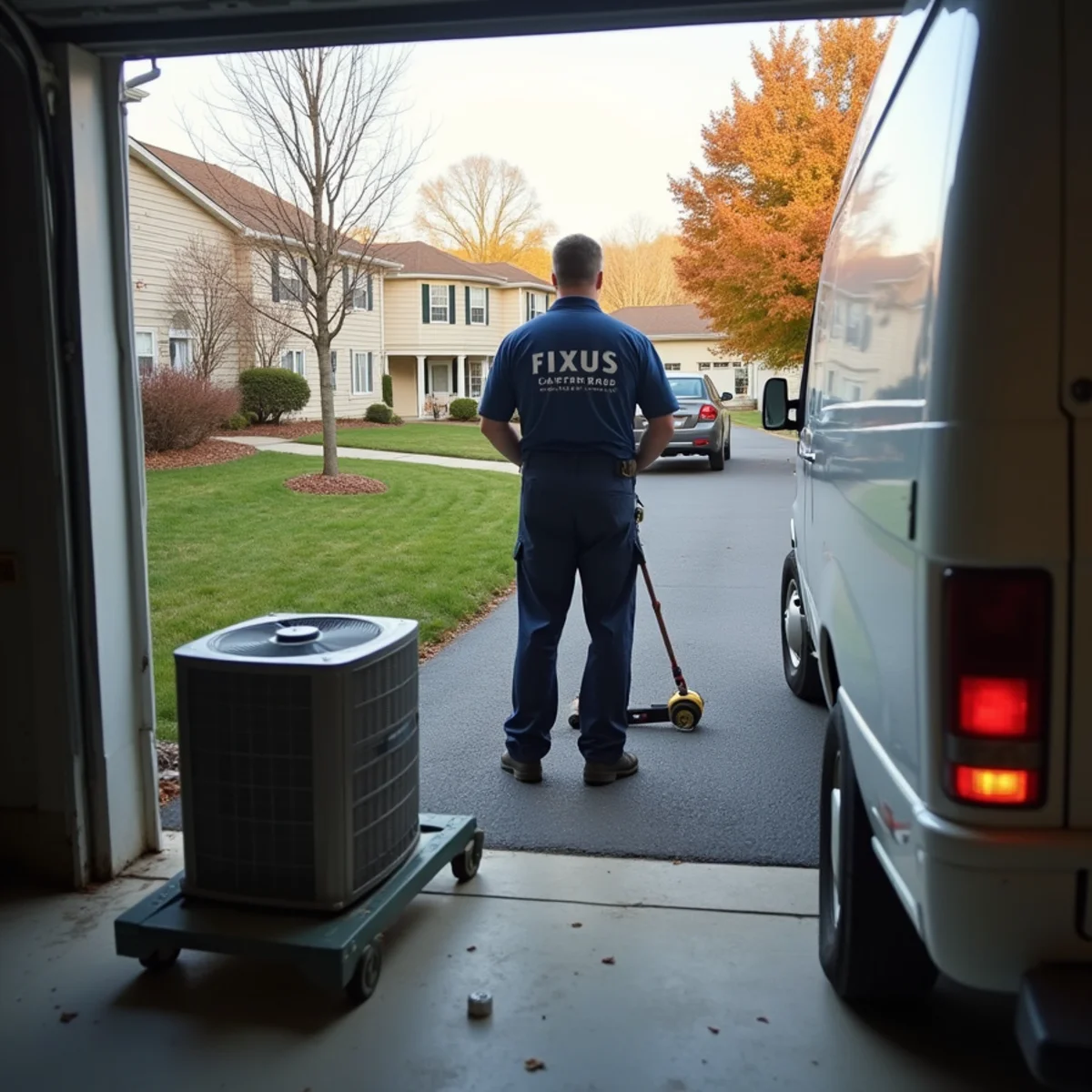 HVAC technician installing a furnace at a 1980s colonial home in Harleysville, PA