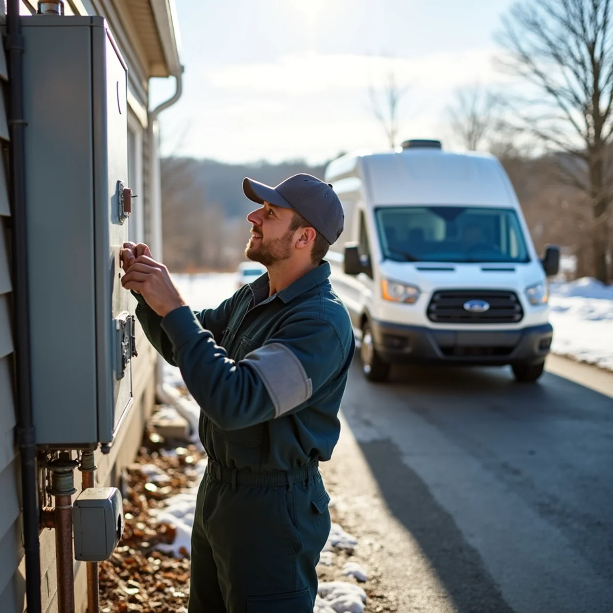 HVAC technician installing a heat pump at a farmhouse in Honey Brook, PA