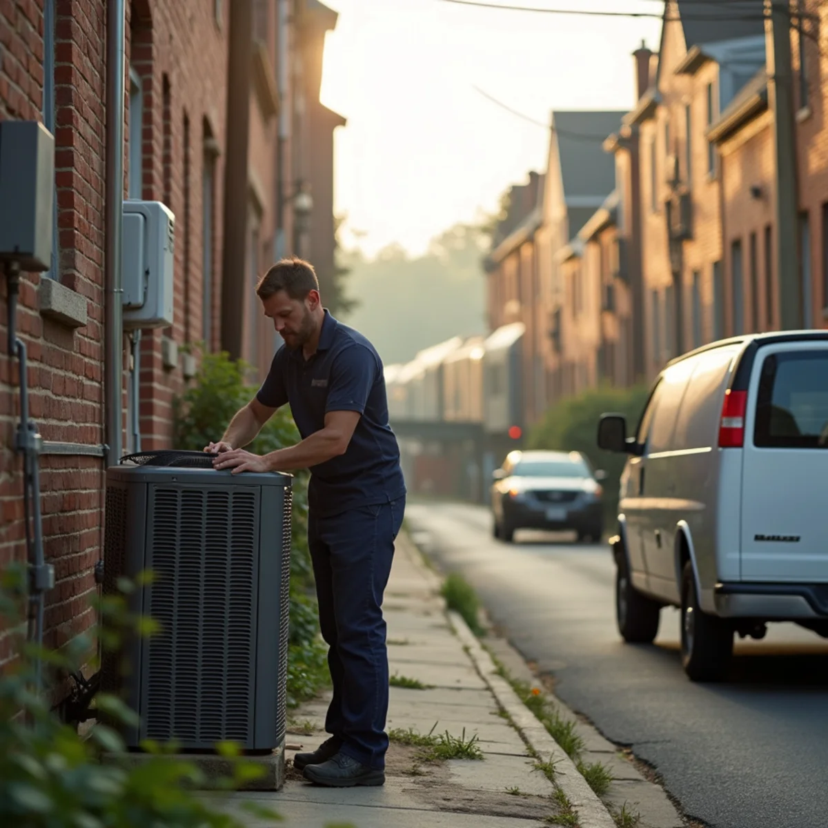 HVAC technician servicing a furnace in an older single-family home in Lansdale, PA