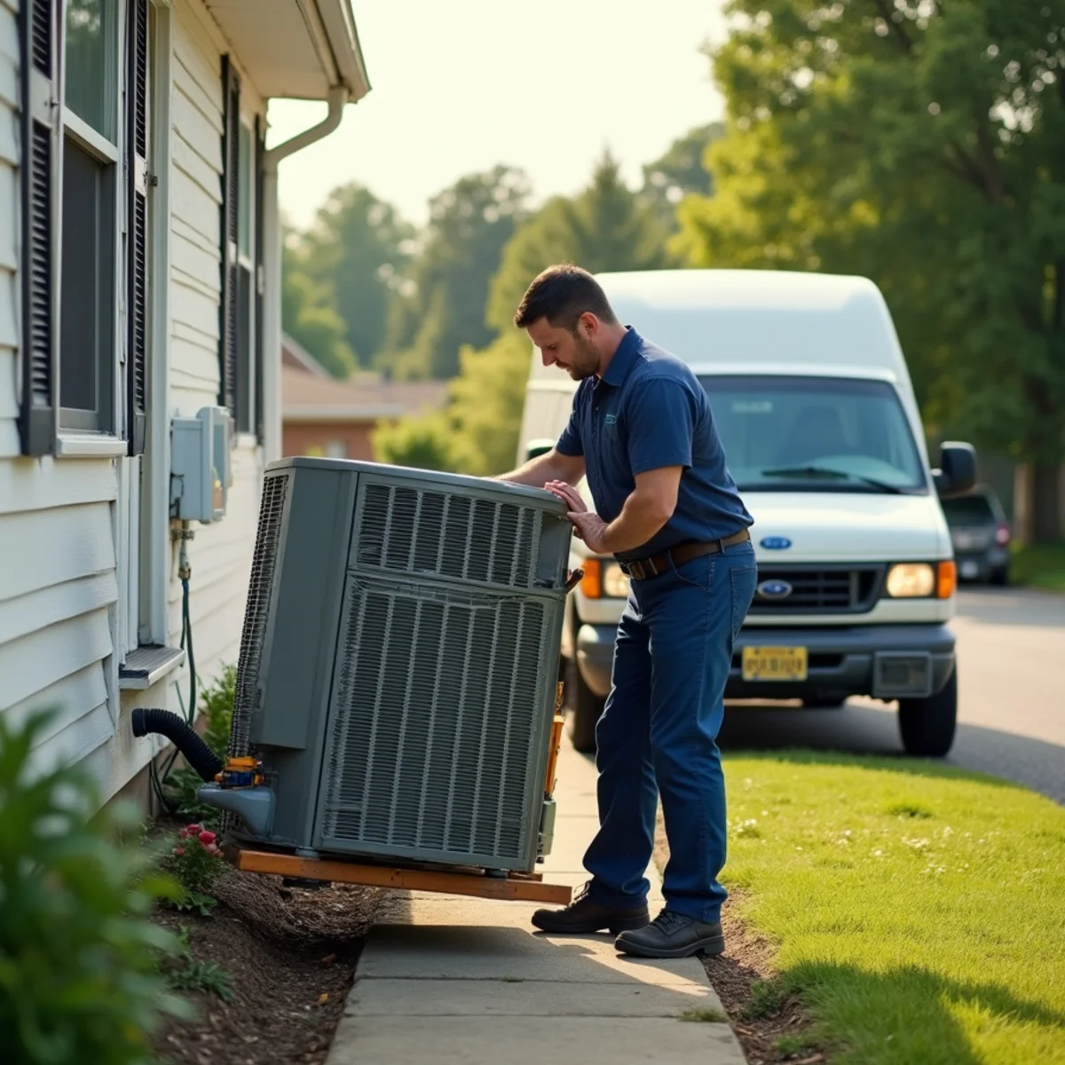HVAC technician servicing a heat pump at a home in Lower Pottsgrove Township, PA