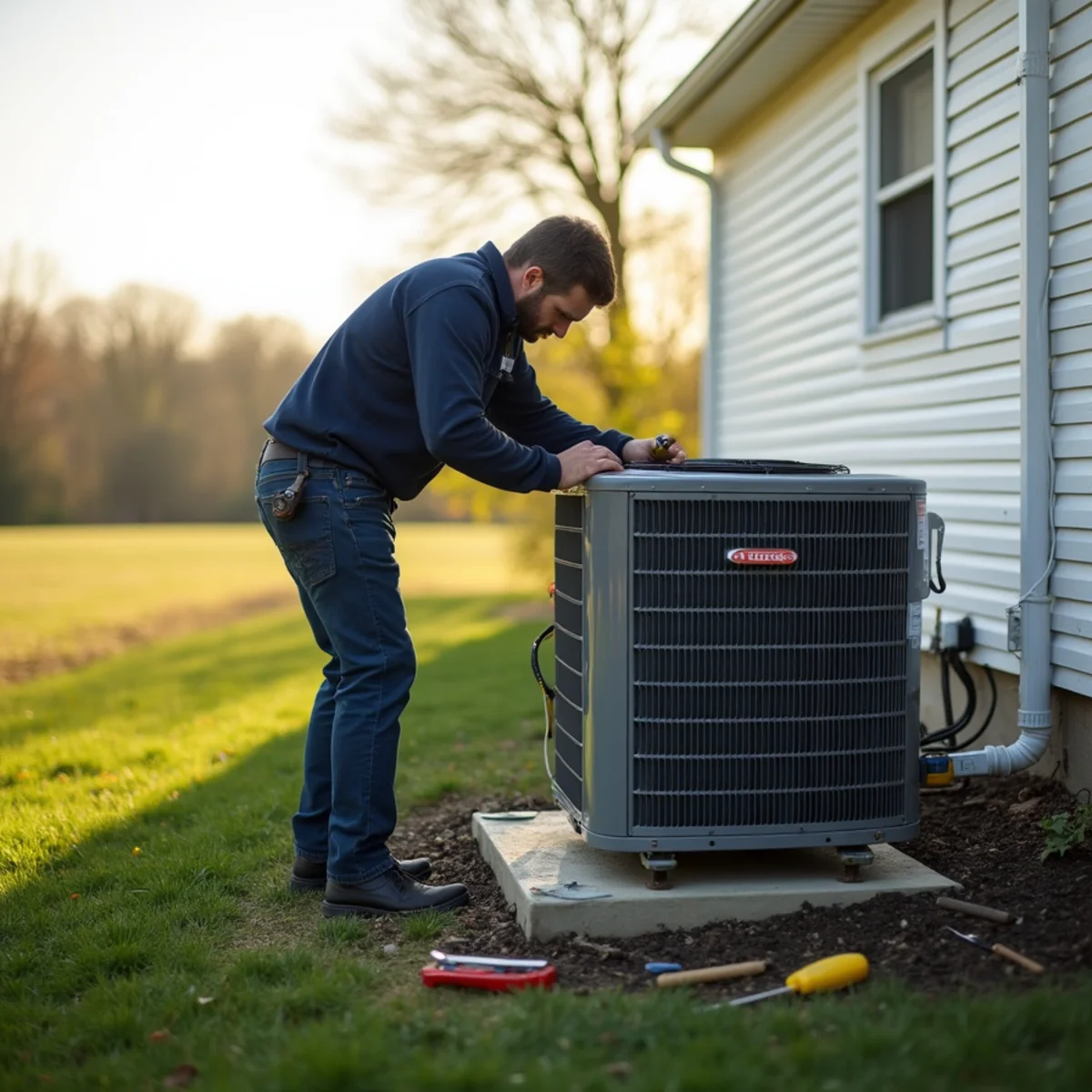HVAC technician installing a heat pump at a home in New Hanover Township, PA