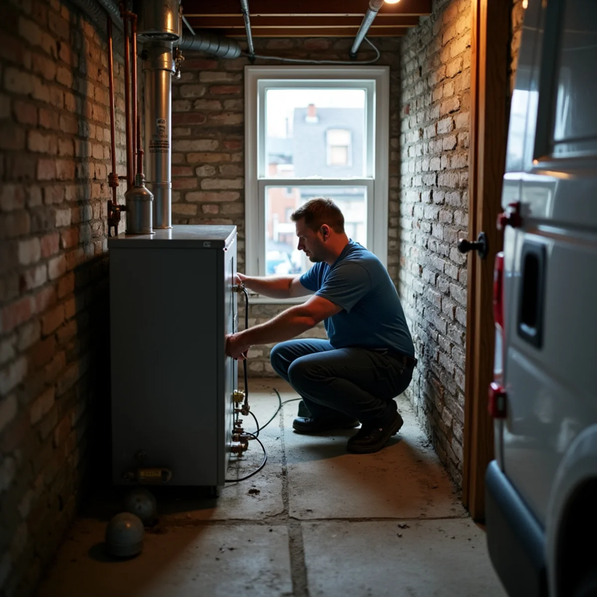 HVAC technician diagnosing a furnace in a rowhome in Norristown, PA