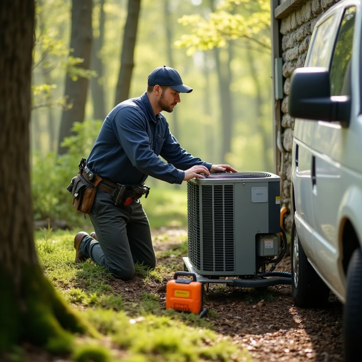 HVAC technician installing a heat pump at a rural home in Perkiomenville, PA