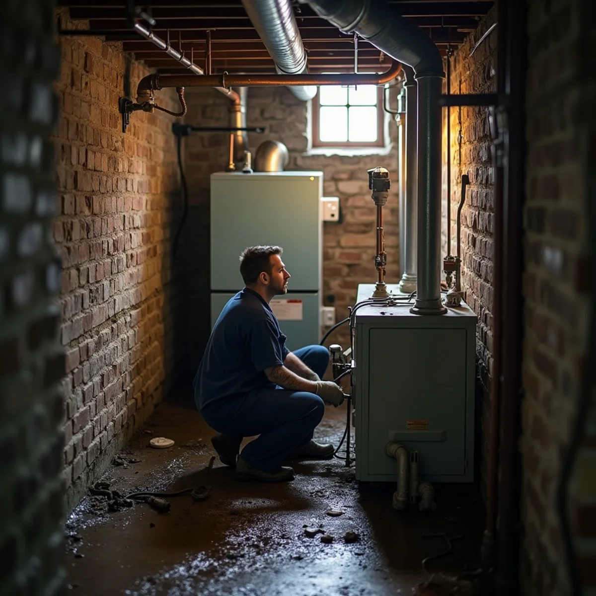 HVAC technician clearing a condensate drain in a historic twin home in Royersford, PA