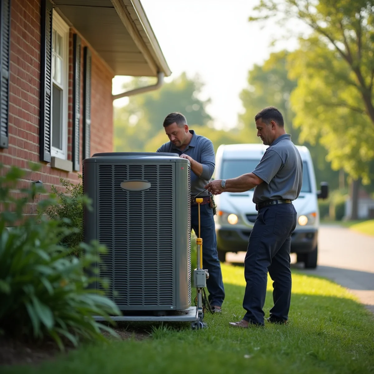 HVAC technician servicing a central air conditioner at a home in Sanatoga, PA