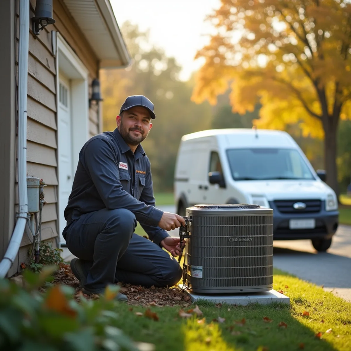 HVAC technician repairing a central air conditioner at a home in Skippack, PA