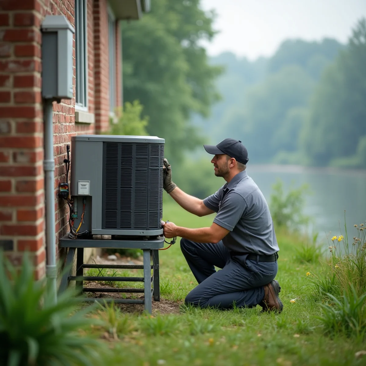 HVAC technician installing an elevated furnace in a river-side West Pottsgrove Township, PA home